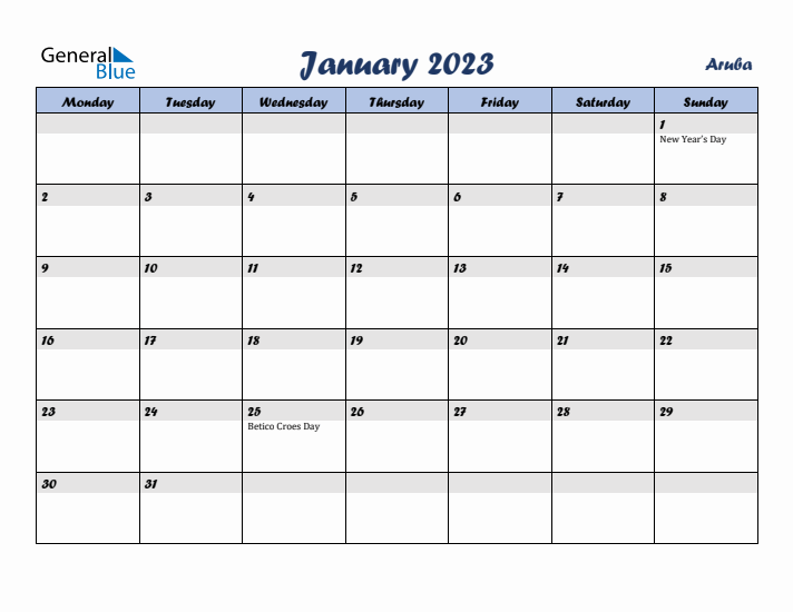 January 2023 Calendar with Holidays in Aruba