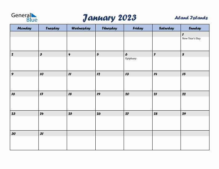 January 2023 Calendar with Holidays in Aland Islands