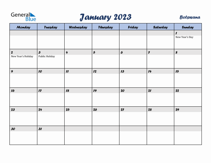 January 2023 Calendar with Holidays in Botswana