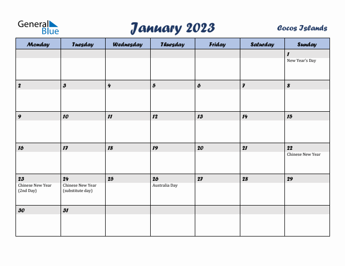 January 2023 Calendar with Holidays in Cocos Islands