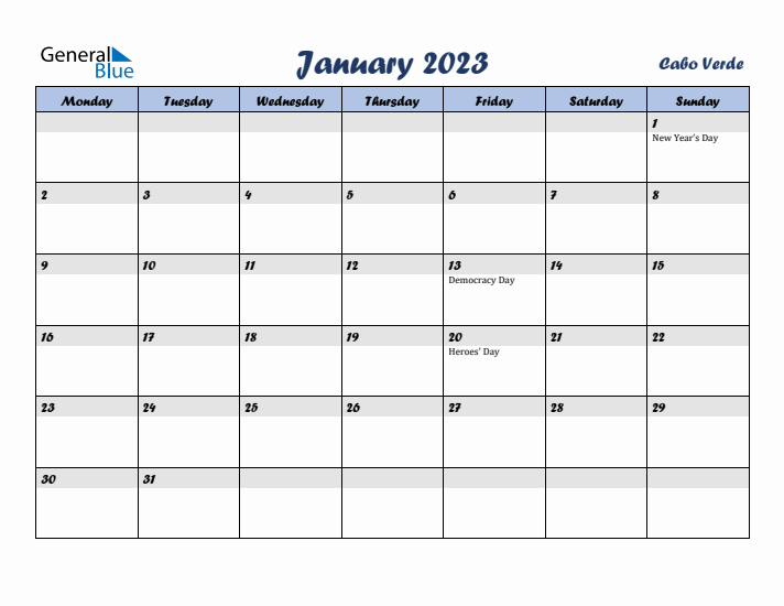 January 2023 Calendar with Holidays in Cabo Verde