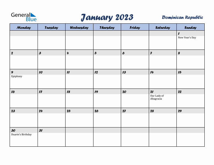 January 2023 Calendar with Holidays in Dominican Republic