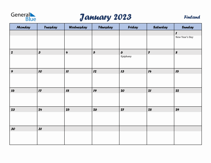 January 2023 Calendar with Holidays in Finland