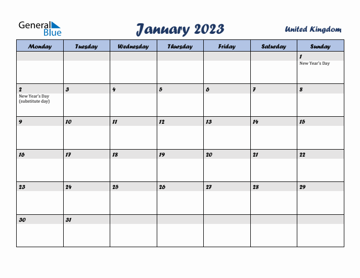 January 2023 Calendar with Holidays in United Kingdom