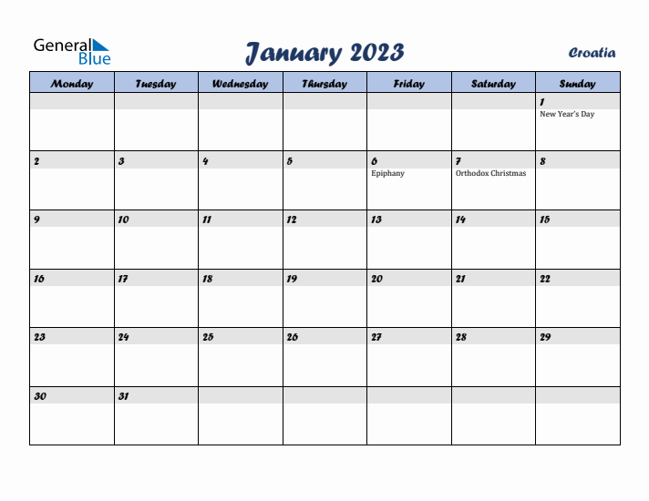 January 2023 Calendar with Holidays in Croatia