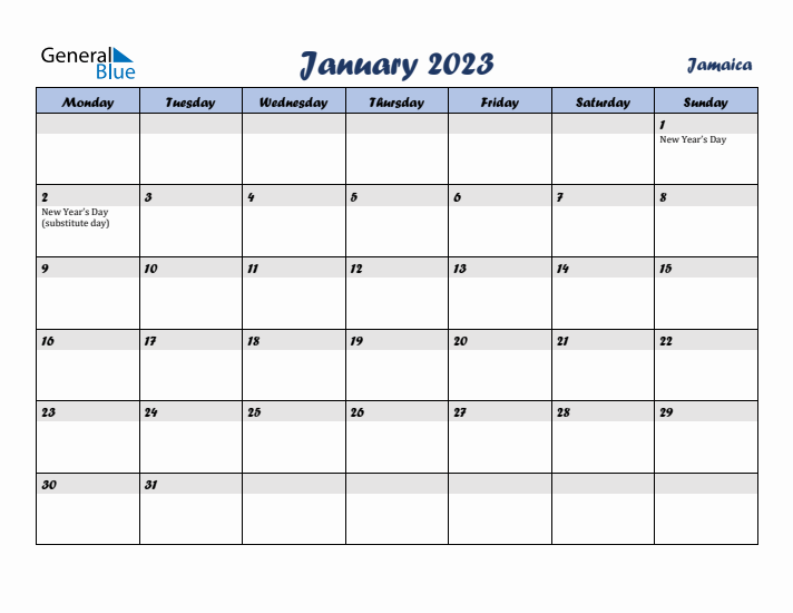 January 2023 Calendar with Holidays in Jamaica