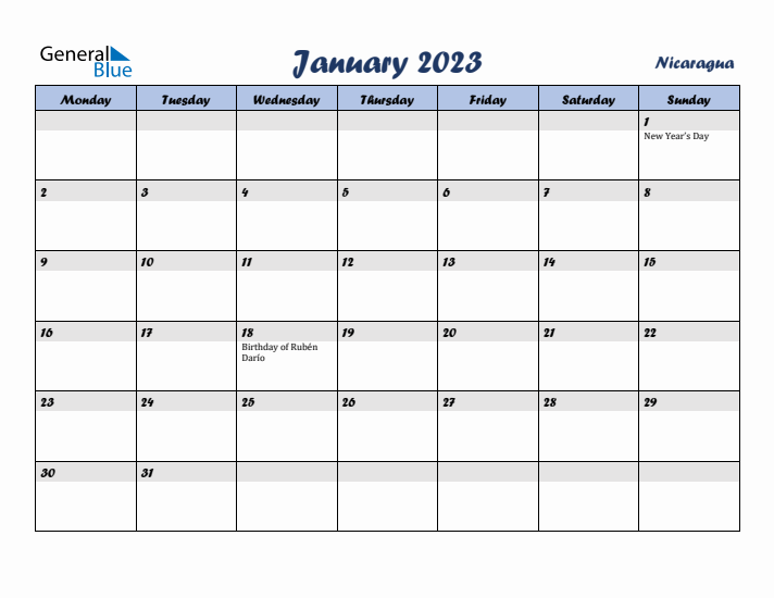 January 2023 Calendar with Holidays in Nicaragua