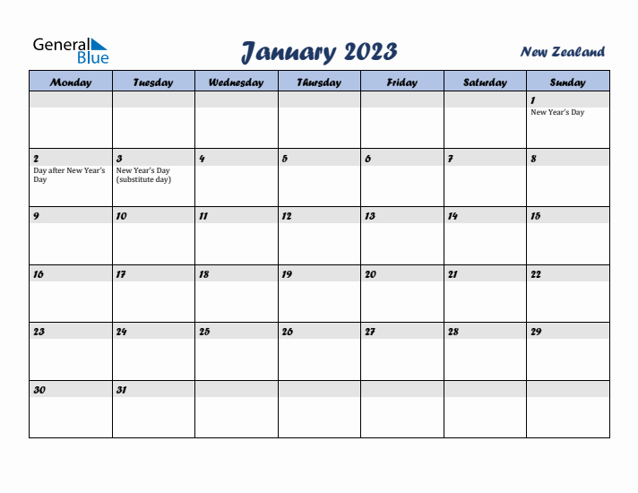 January 2023 Calendar with Holidays in New Zealand