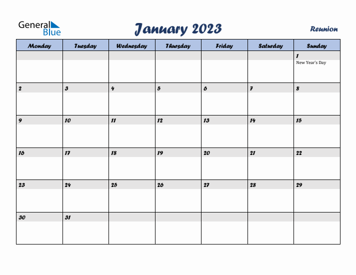 January 2023 Calendar with Holidays in Reunion