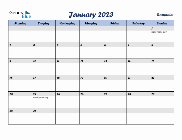 January 2023 Calendar with Holidays in Romania