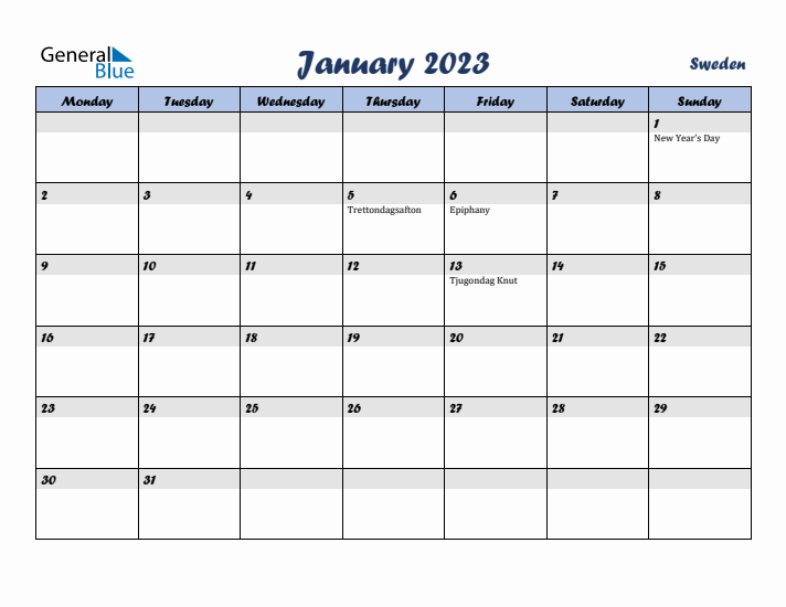 January 2023 Calendar with Holidays in Sweden