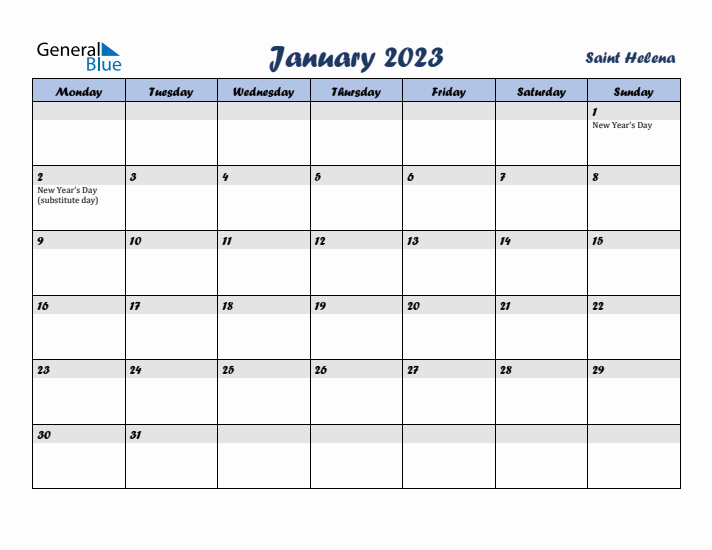 January 2023 Calendar with Holidays in Saint Helena