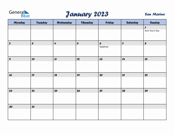 January 2023 Calendar with Holidays in San Marino