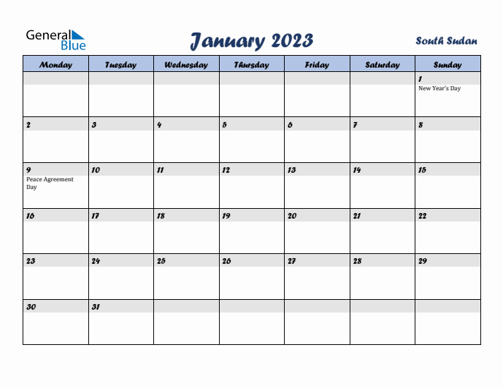 January 2023 Calendar with Holidays in South Sudan