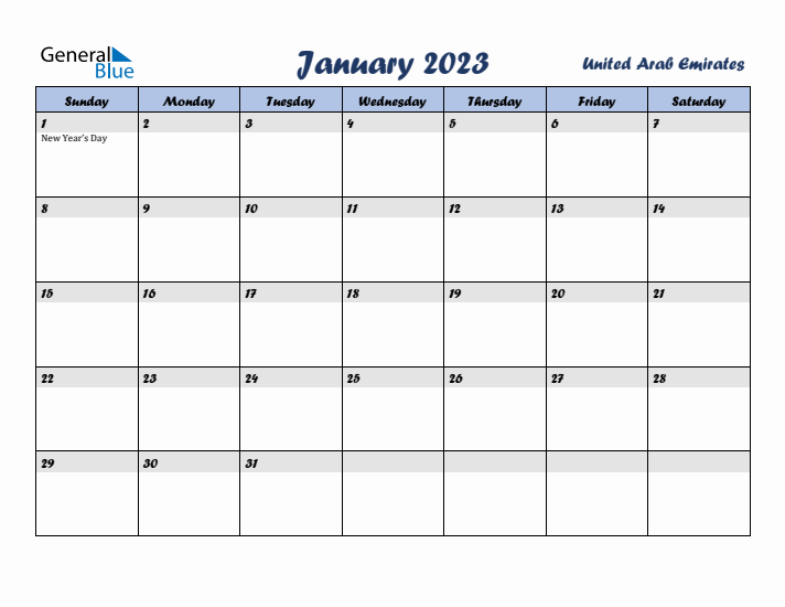 January 2023 Calendar with Holidays in United Arab Emirates