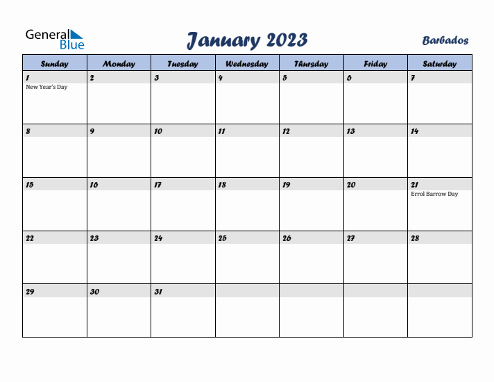 January 2023 Calendar with Holidays in Barbados