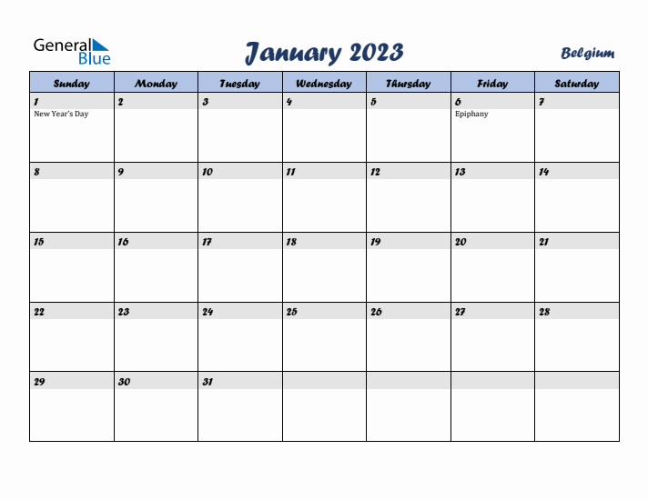 January 2023 Calendar with Holidays in Belgium