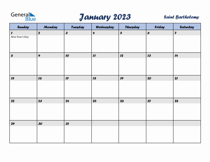 January 2023 Calendar with Holidays in Saint Barthelemy