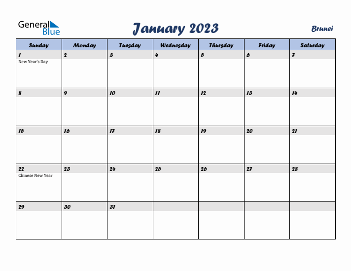 January 2023 Calendar with Holidays in Brunei