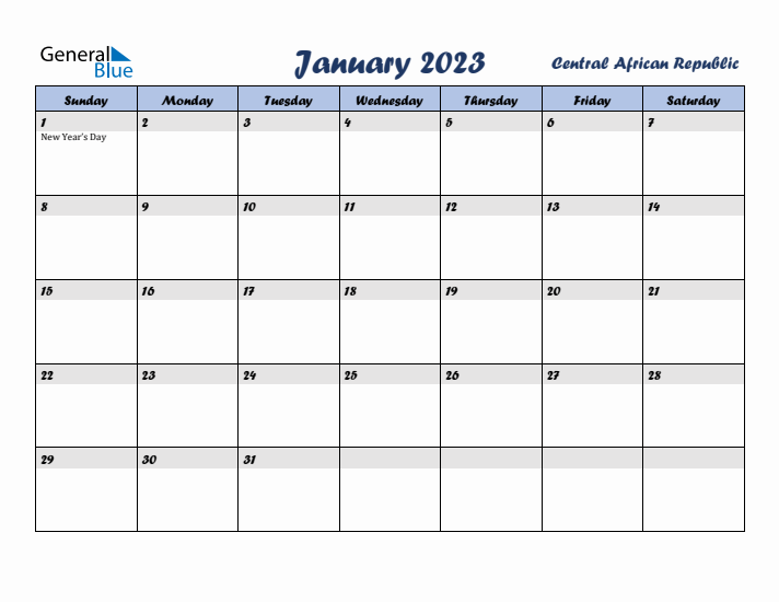 January 2023 Calendar with Holidays in Central African Republic