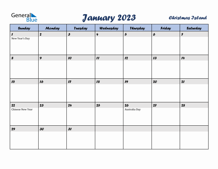 January 2023 Calendar with Holidays in Christmas Island