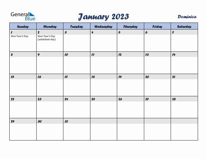 January 2023 Calendar with Holidays in Dominica