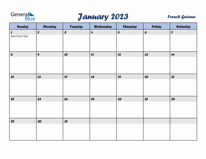 January 2023 Calendar with Holidays in French Guiana