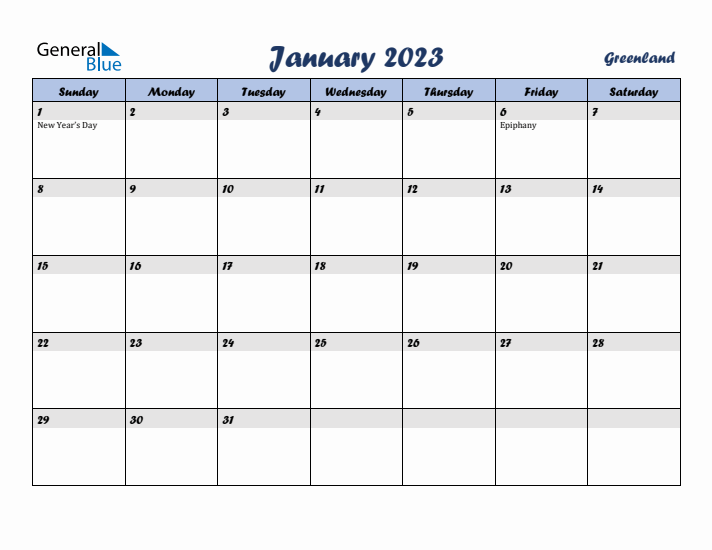 January 2023 Calendar with Holidays in Greenland