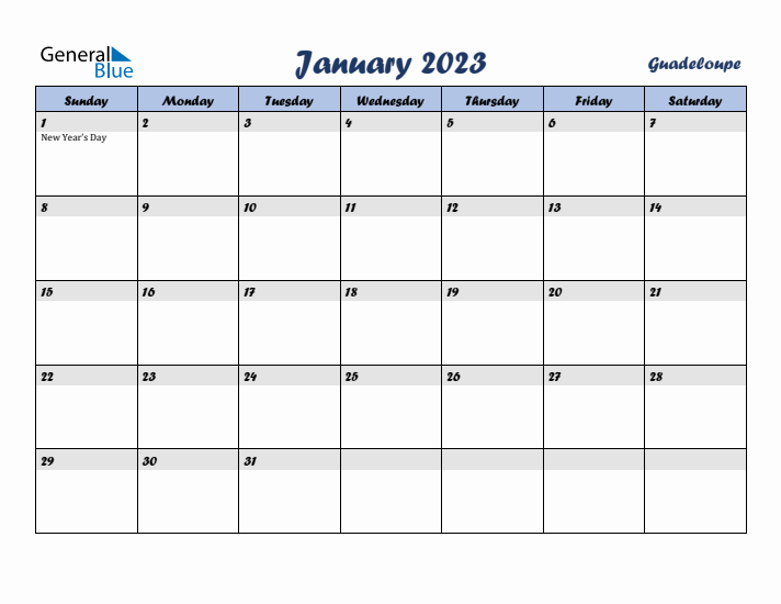 January 2023 Calendar with Holidays in Guadeloupe