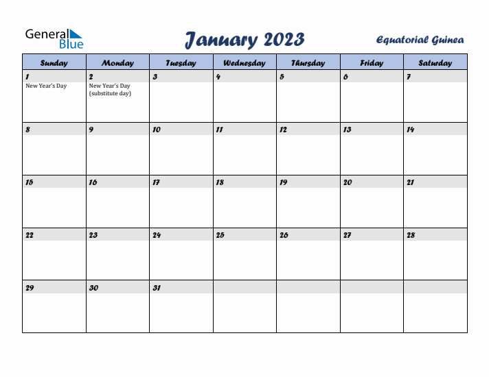 January 2023 Calendar with Holidays in Equatorial Guinea