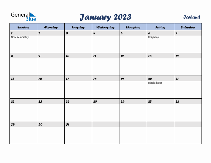 January 2023 Calendar with Holidays in Iceland