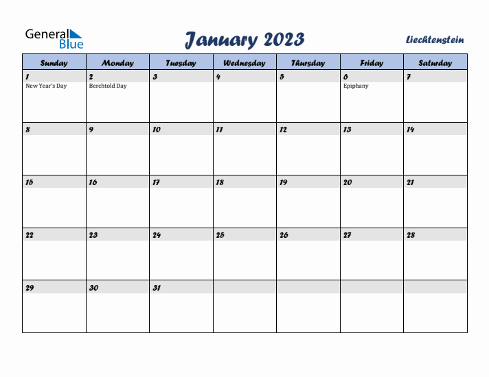 January 2023 Calendar with Holidays in Liechtenstein