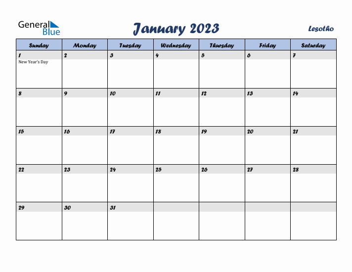 January 2023 Calendar with Holidays in Lesotho