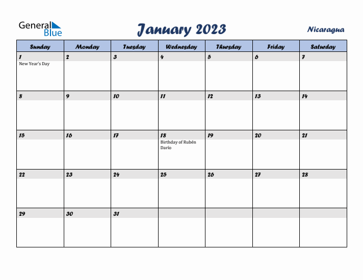 January 2023 Calendar with Holidays in Nicaragua