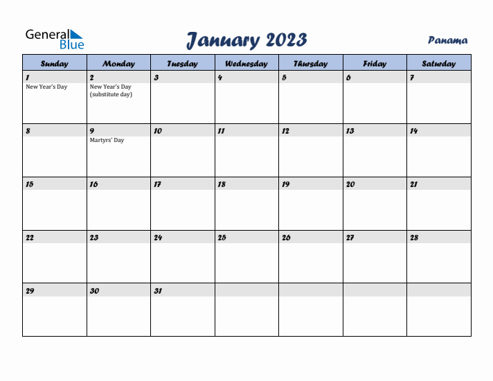 January 2023 Calendar with Holidays in Panama