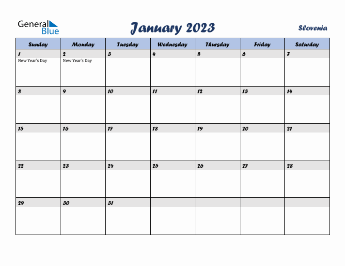 January 2023 Calendar with Holidays in Slovenia