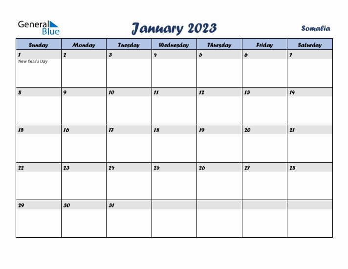 January 2023 Calendar with Holidays in Somalia