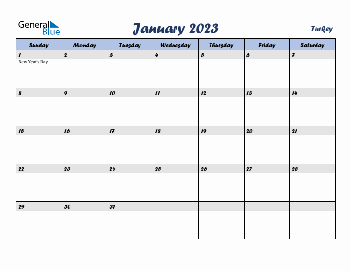 January 2023 Calendar with Holidays in Turkey