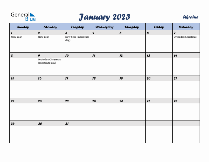 January 2023 Calendar with Holidays in Ukraine