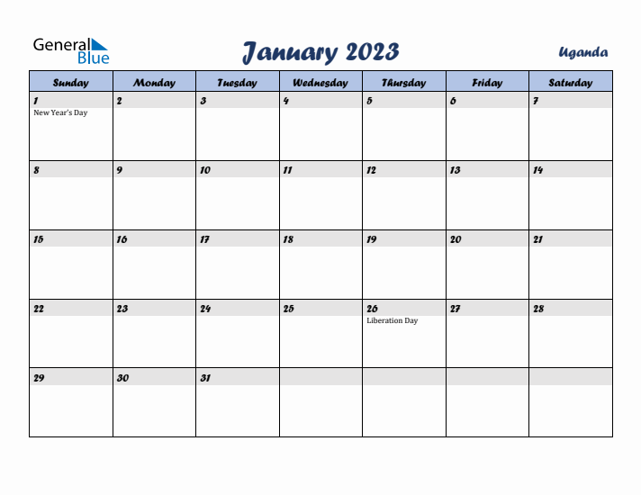 January 2023 Calendar with Holidays in Uganda