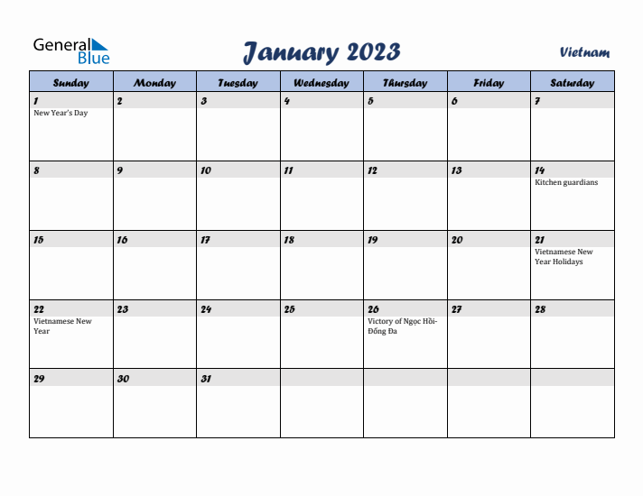 January 2023 Calendar with Holidays in Vietnam