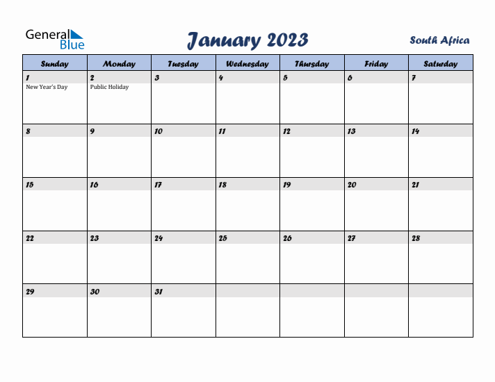 January 2023 Calendar with Holidays in South Africa