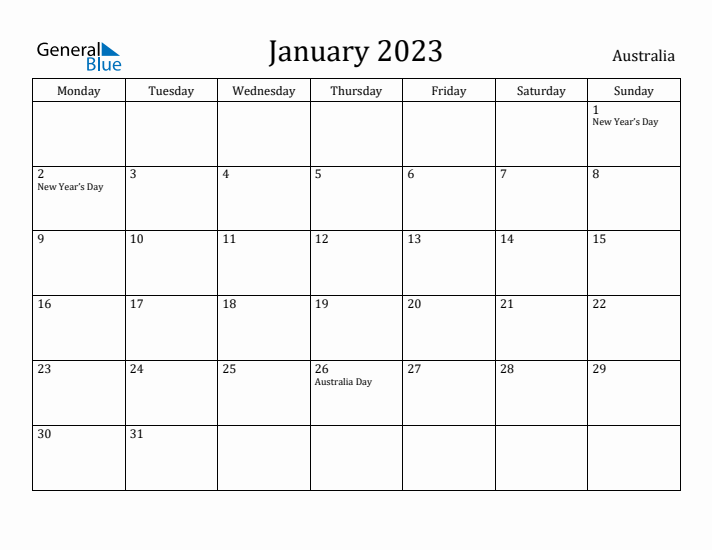 January 2023 Calendar Australia