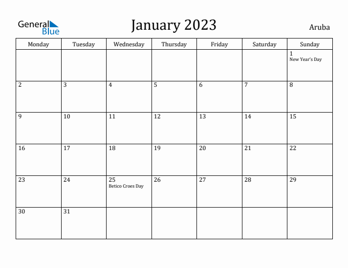 January 2023 Calendar Aruba