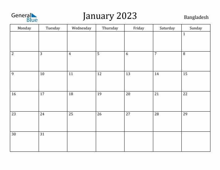 January 2023 Calendar Bangladesh