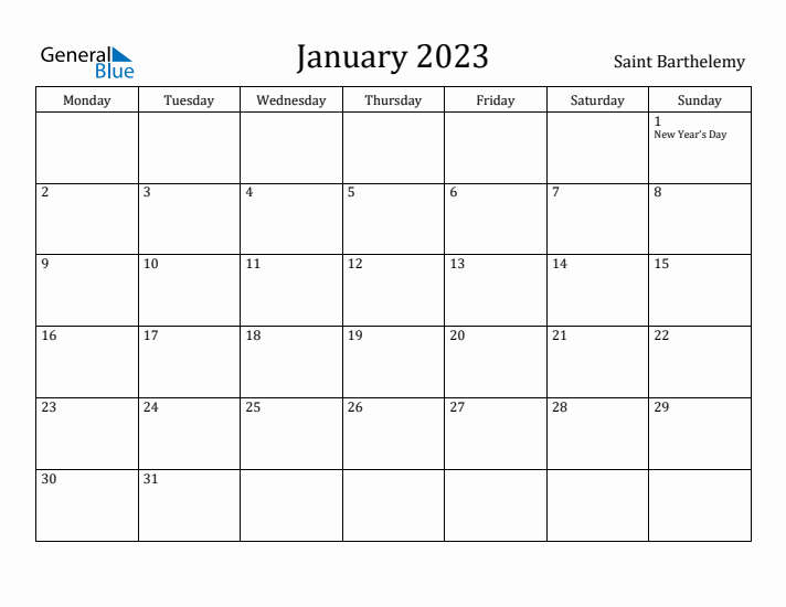 January 2023 Calendar Saint Barthelemy