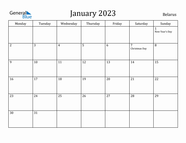 January 2023 Calendar Belarus