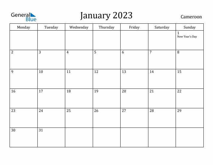 January 2023 Calendar Cameroon