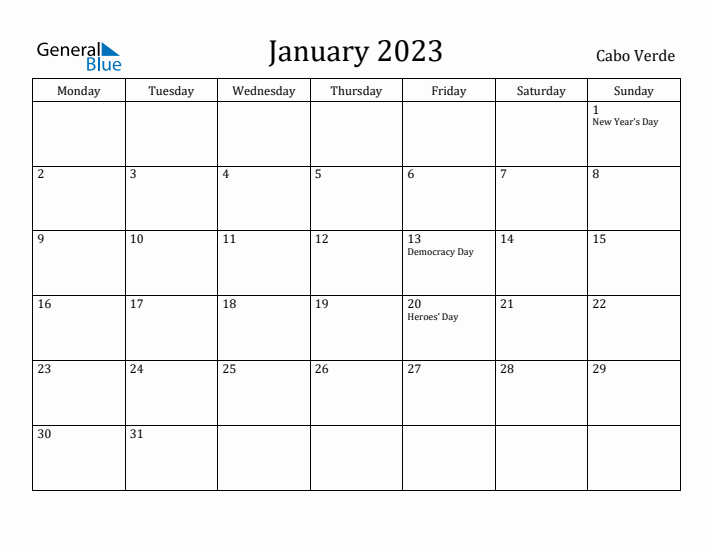 January 2023 Calendar Cabo Verde