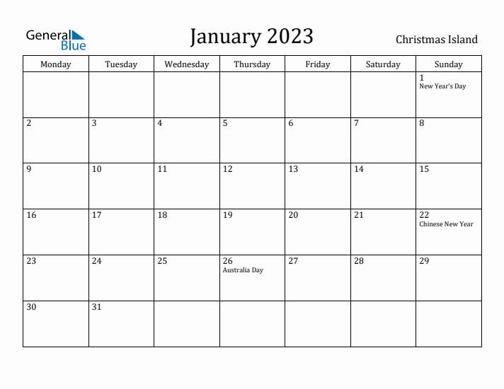 January 2023 Calendar Christmas Island